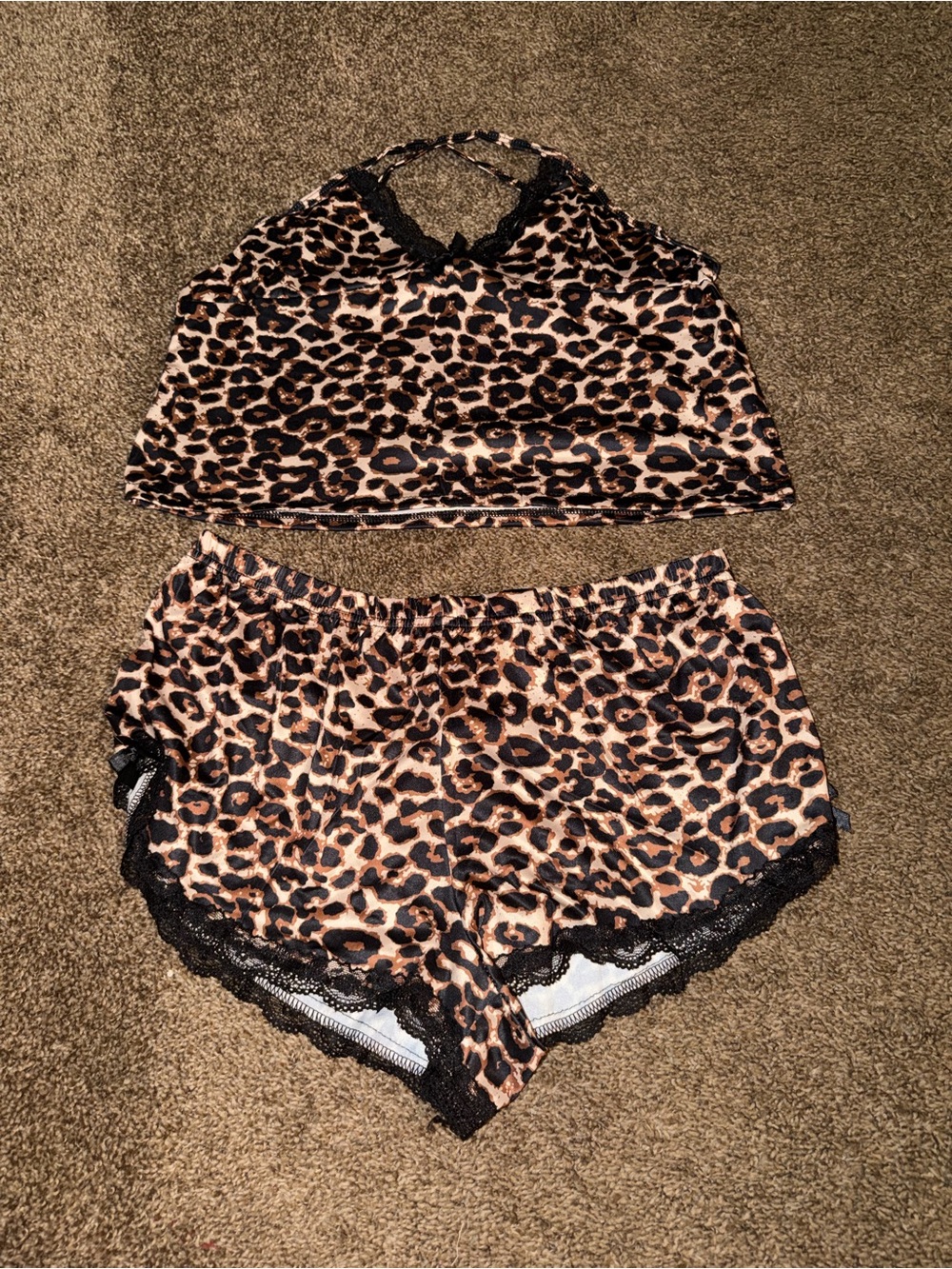 Leopard Print Lace-Trim Sleep Set - Women's Tan & Black